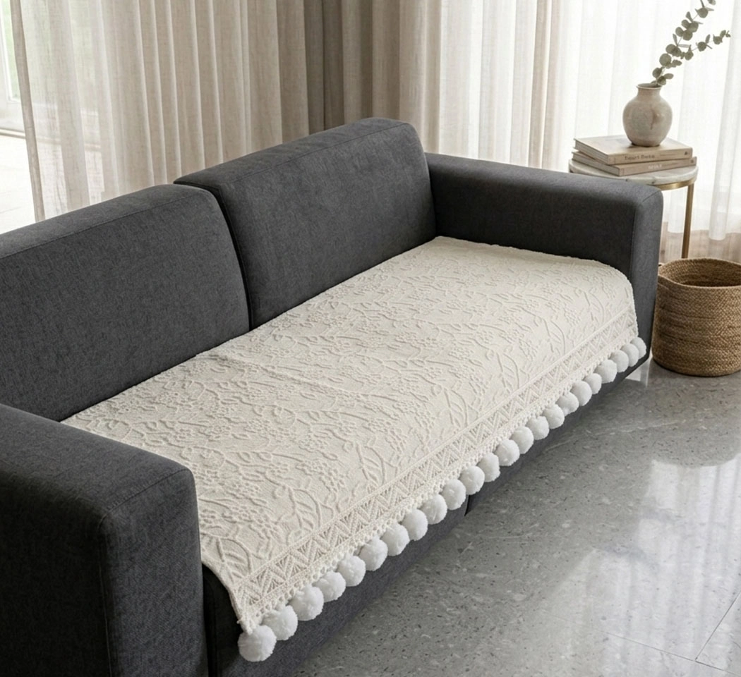 Elegant Cream Woven Chenille Sofa Panel with Embroidered Lace & Pompom Trim (73